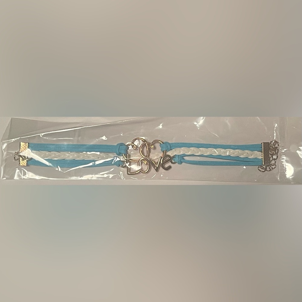Light Blue & White Love Heart Infinity Layer Leather Bracelet